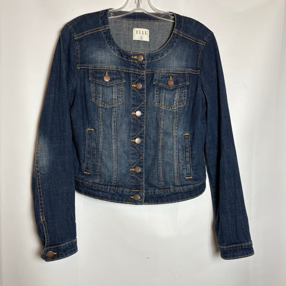ELLE Womens Dark Wash Collarless Denim Jacket Blue Distressed Size M Western